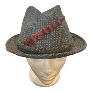BECO Gray Tweed Mens Fedora Hat with Feathers Made in Korea, Vintage